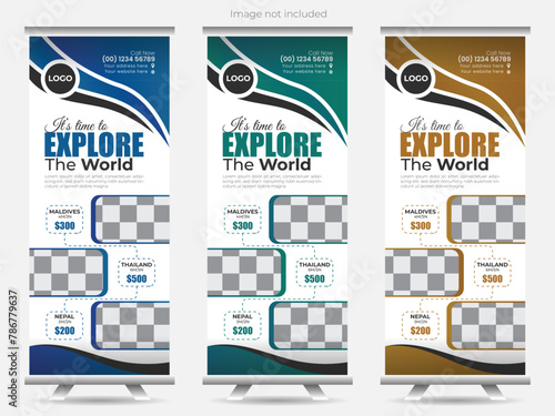 Modern and clean travel agency roll up banner design with multiple color variation.