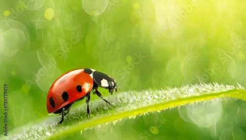 Wallpaper texted Macro ladybug in nature green background.