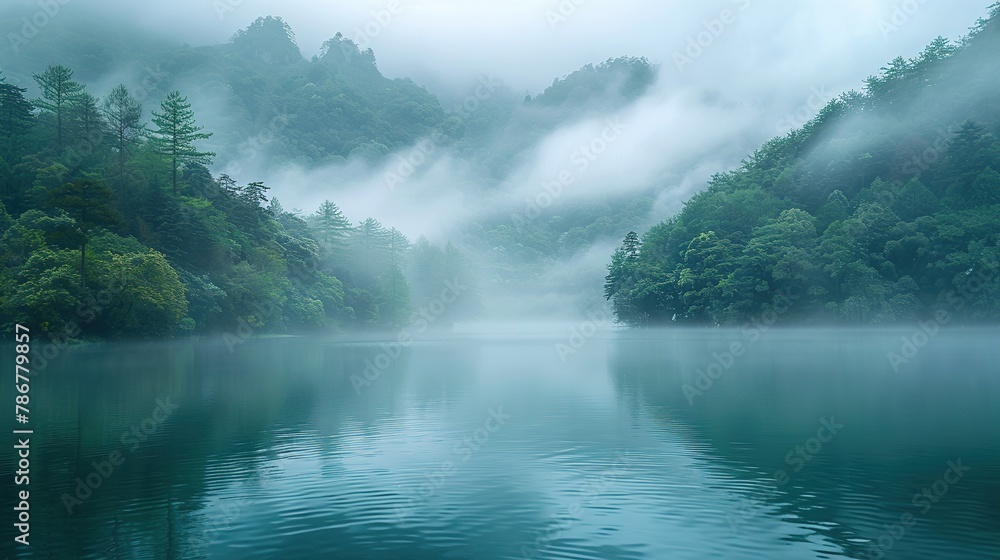 Fog blankets a tranquil lake nestled among trees on a mountain, creating a serene and mystical scene. Generative AI