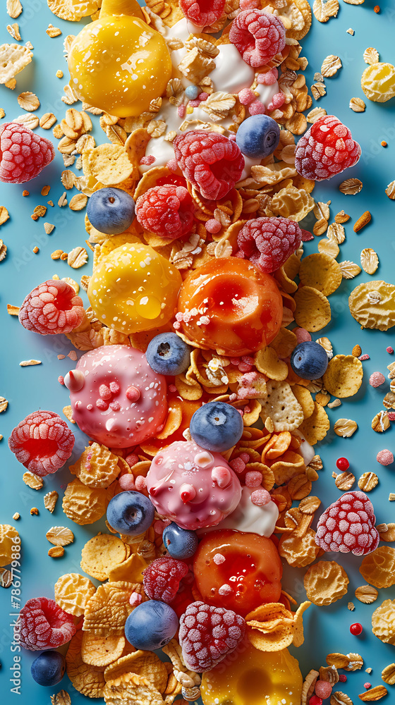 Beautiful presentation of Cereal various types such as cornflakes, frosted flakes, muesli, hyperrealistic food photography