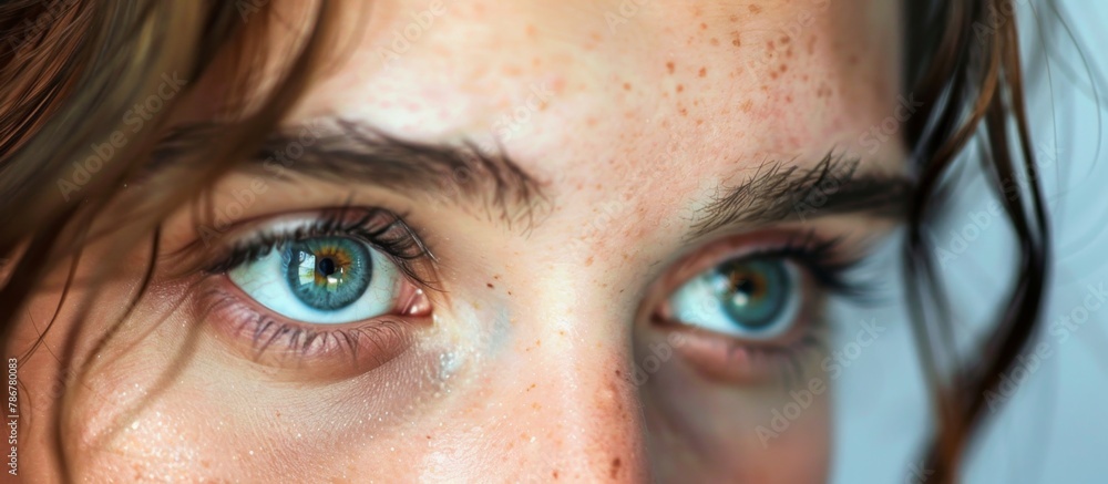 Naklejka premium Portrait showcasing a woman's face with striking freckles clustered around her eyes, adding an alluring touch