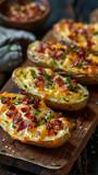 Beautiful presentation of Cheesy bacon potato skins, hyperrealistic food photography