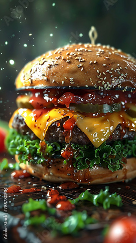 Beautiful presentation of Cheeseburger, hyperrealistic food photography