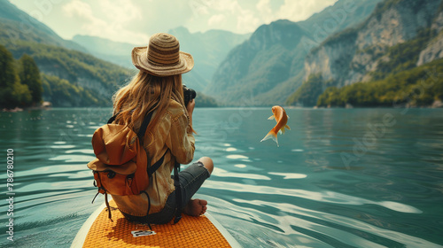 A woman in a summery scene relaxes on a boat enjoying the beauty of the lake photo
