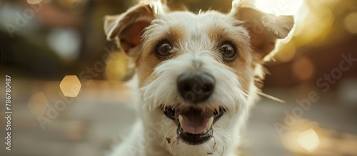 A curious and friendly canine with a wagging tail is gazing directly into the camera lens