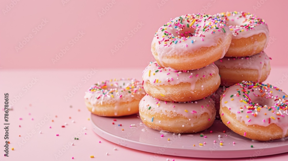 Delicious donuts with colorful sprinkles in pink background