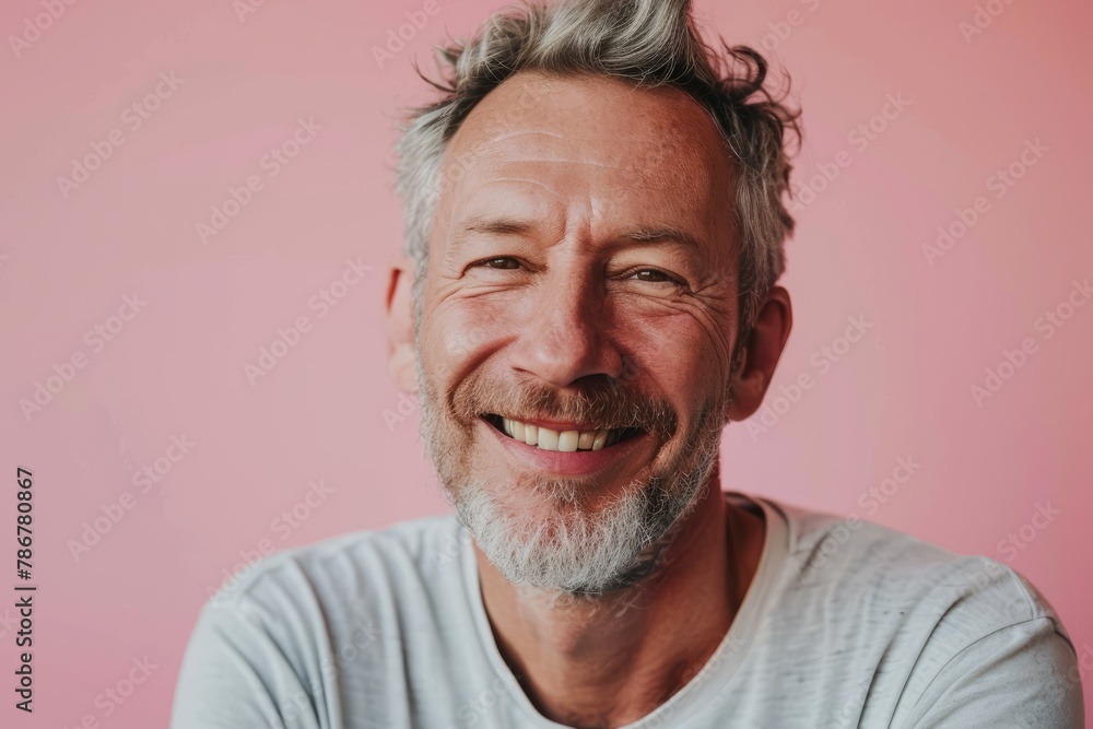 Portrait of a happy senior man with grey hair on a pink background Portrait of a happy senior man with grey hair on a pink background