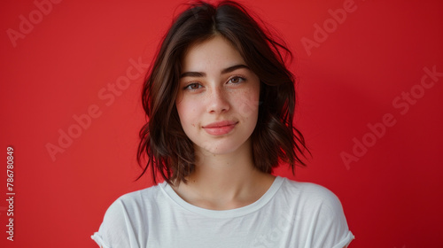 A woman with short hair and a white shirt is smiling at the camera