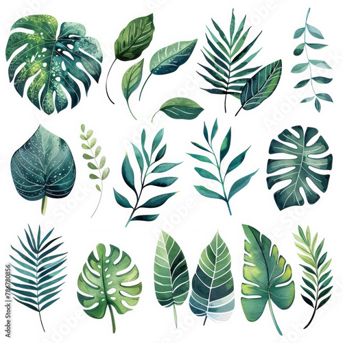 A collection of green leaves and vines, including palm leaves, ferns