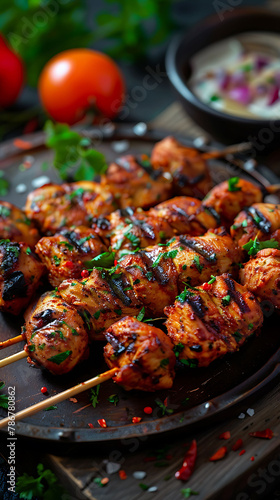 Beautiful presentation of Chicken tikka skewers, hyperrealistic food photography