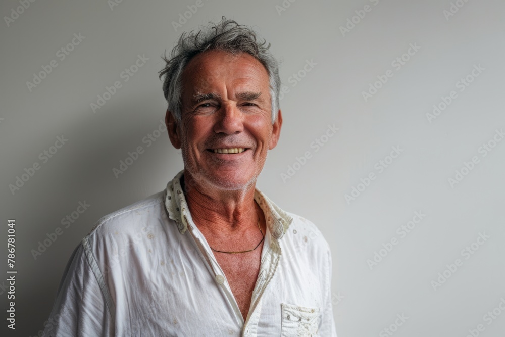 Portrait of a happy senior man in a white shirt on a gray background Portrait of a happy senior man in a white shirt on a gray background