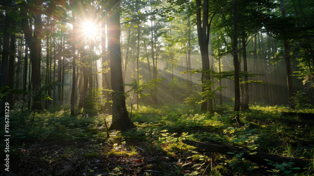 Obraz premium A forest with sunlight shining through the trees
