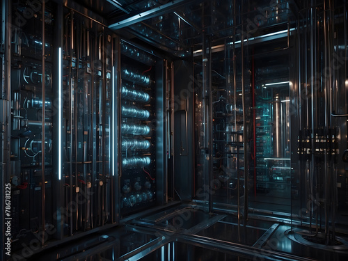 Quantum computer, computer interior. dark, photorealistic wallpaper design. 