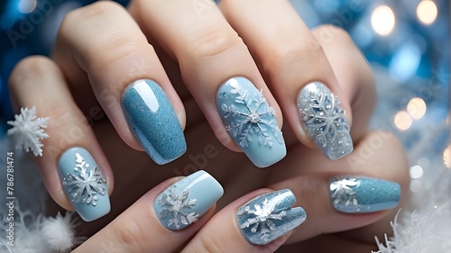 Winter wonderland manicures with glitter accents, ice blues, and snowflake patterns. Hand of a glamorous woman wearing nail paint on her fingers. nail art and design.