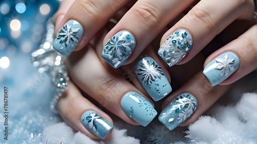 Winter wonderland manicures with glitter accents, ice blues, and snowflake patterns. Hand of a glamorous woman wearing nail paint on her fingers. nail art and design.