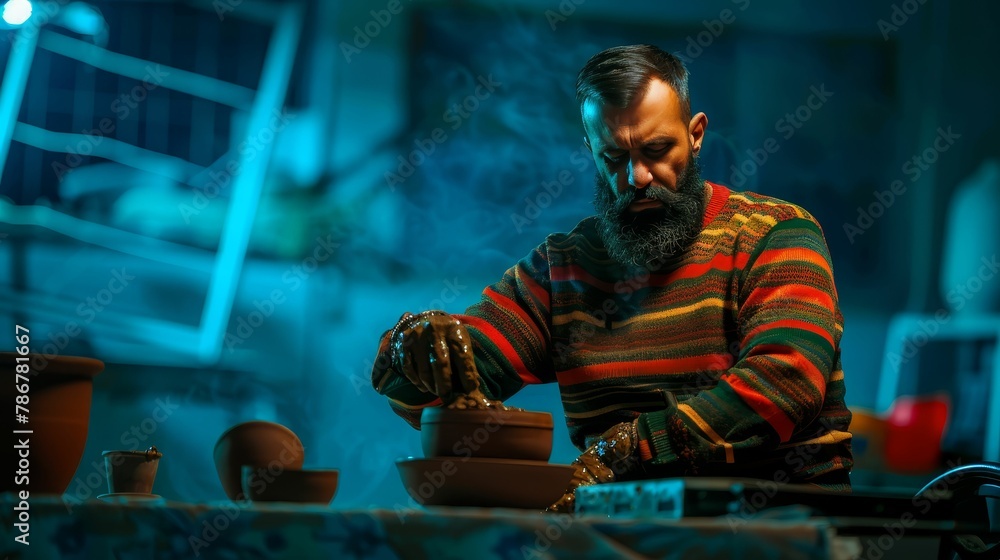 Disabled potter shaping clay, artistry not confined by physical boundaries, craft and creation Disabled potter shaping clay, artistry not confined by physical boundaries, craft and creation