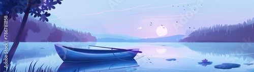 Early morning fishing, calm lake, solitary boat, reflection of the rising sun  54 #786781858