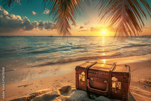 A suitcase is sitting on the beach next to the ocean