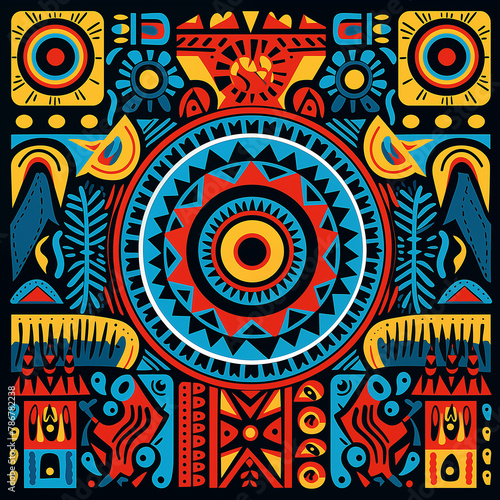 vector, print design in the style of ethnic carpet patterns, Aztec art and African textile designs. Red blue yellow orange. No background. Flat illustration. The pattern is symmetrical. A large centra