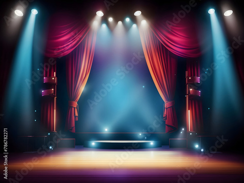 The theatre stage light background with a spotlight illuminated the stage. Empty stage with bright colours backdrop decoration. Entertainment show