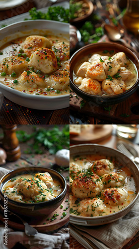 Beautiful presentation of Chicken and Dumplings, hyperrealistic food photography