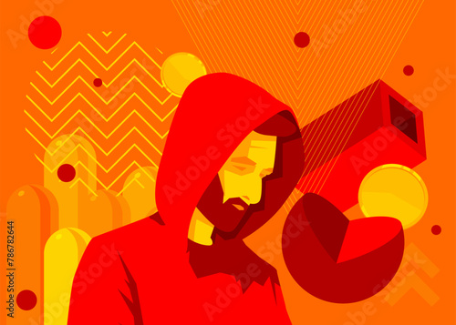 Man with geometrical graphic retro theme background. Minimal geometric elements. Vintage abstract shapes vector illustration.