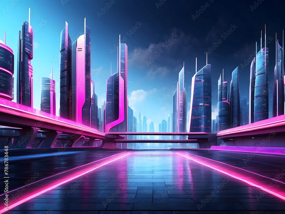 Urban architecture, cityscape with space, neon light effect design, and neon light. Modern hi-tech, science, futuristic technology concept