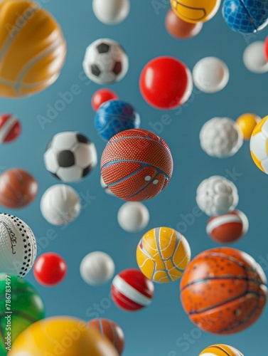 A collection of colorful sports balls hovering mid-air  showcasing their anti-gravity properties
