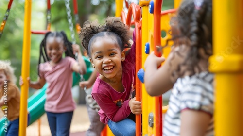 Diverse Children Joyfully Playing and Exploring on a Vibrant Playground Fostering Social Interaction and Cognitive Development