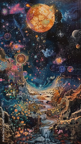 A grand cosmic tapestry showcasing the interconnected histories of star-system-based societies Scene