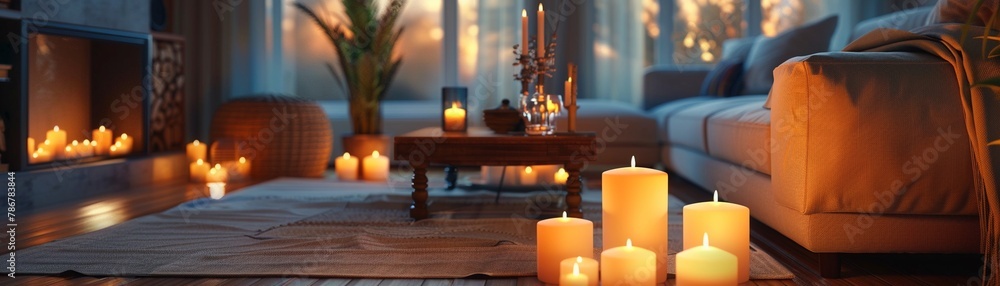 A serene living room with soft music and candles around her A serene living room with soft music and candles around her
