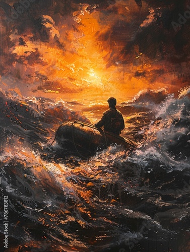 A sailor clings to a life raft on a vast ocean, waves crashing around him The setting sun paints the sky in fiery hues, contrasting with the desperate struggle for survival