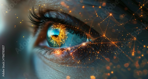 A closeup of an eye with digital connections and data points, symbolizing the integration between human vision in face ID technology for facial feature capture