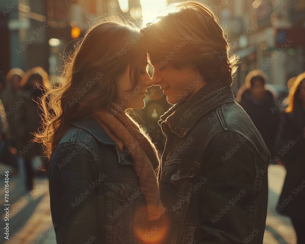 A young couple reenacts an iconic movie scene in an urban setting, surrounded by onlookers mirroring their love and passion Photography style with backlighting effects A young couple reenacts an iconic movie scene in an urban setting, surrounded by onlookers mirroring their love and passion Photography style with backlighting effects