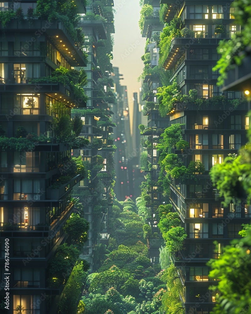 Abstract garden, futuristic, multi-level greenery integrated into skyscrapers, promoting sustainability and biodiversity Realistic image, backlights, depth of field bokeh effect