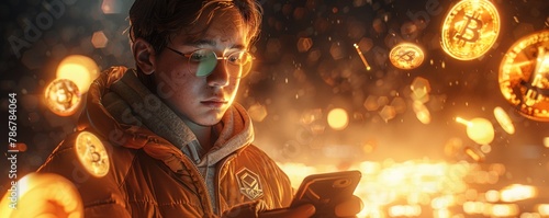 A young investor checking their phone, surrounded by floating cryptocurrency symbols and internet meme images Realistic 3D render with golden hour lighting