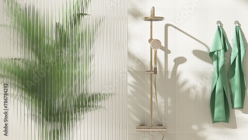 Gold rain shower, adjustable shower head, green palm tree, reeded fluted glass partition in sunlight on cream wall bathroom for modern, elegant interior design decoration, product background 3D photo