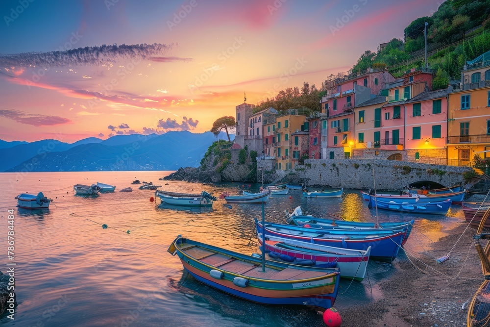 A charming coastal village with colorful fishing boats, charming harborside cafes, and breathtaking sunsets over the sea, Generative AI