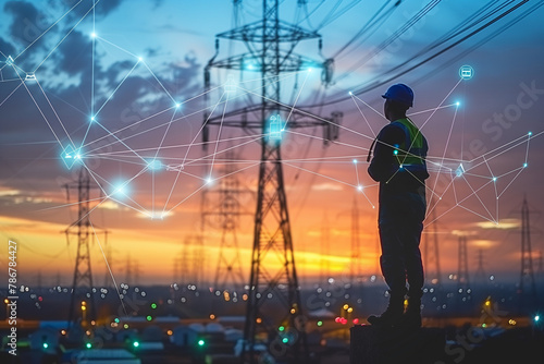 Engineer standing at high voltage transmission power station.