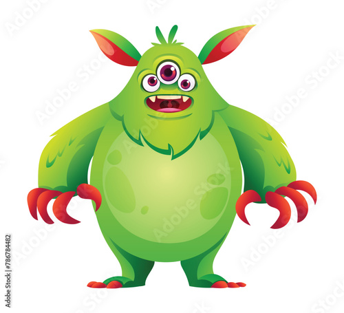 Happy green monster cartoon character. Vector illustration isolated on white background