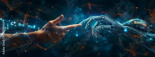 A digital art of hands reaching towards each other, one human and the second robot with holographic data visualization symbolizes connection between humans and artificial intelligence, symbolizing inn #786784866