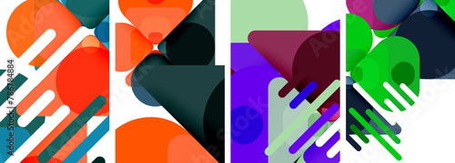 An artistic collage featuring rectangles, triangles, and various shades of purple, red, magenta, and electric blue displayed on a white background