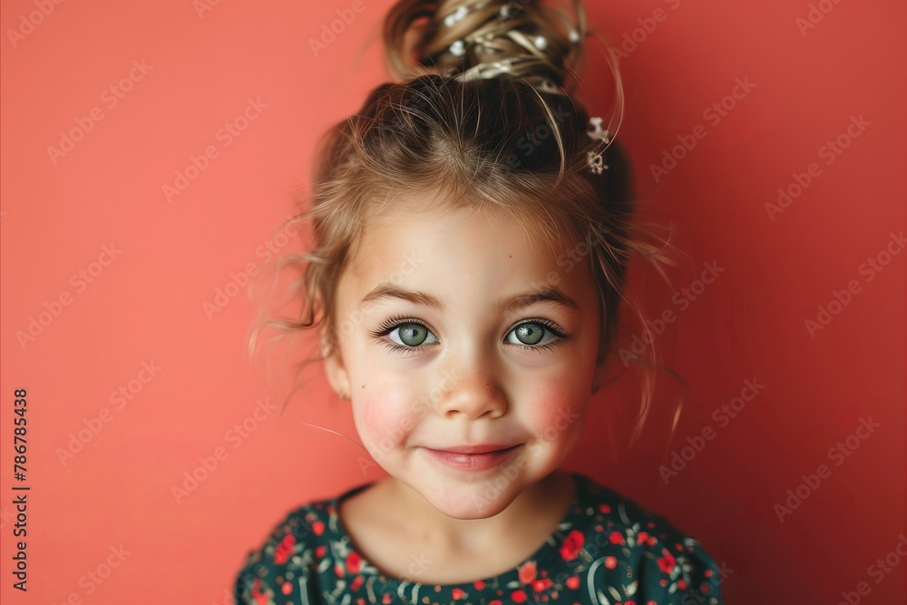 Cute little girl with blond curly hair and blue eyes looking at camera on red background Cute little girl with blond curly hair and blue eyes looking at camera on red background