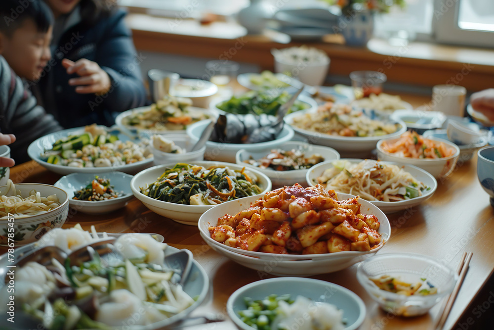 A Korean family happily eating together. Table full of various food Focus on a dish of fried shrimp balls that doesn't require bread.