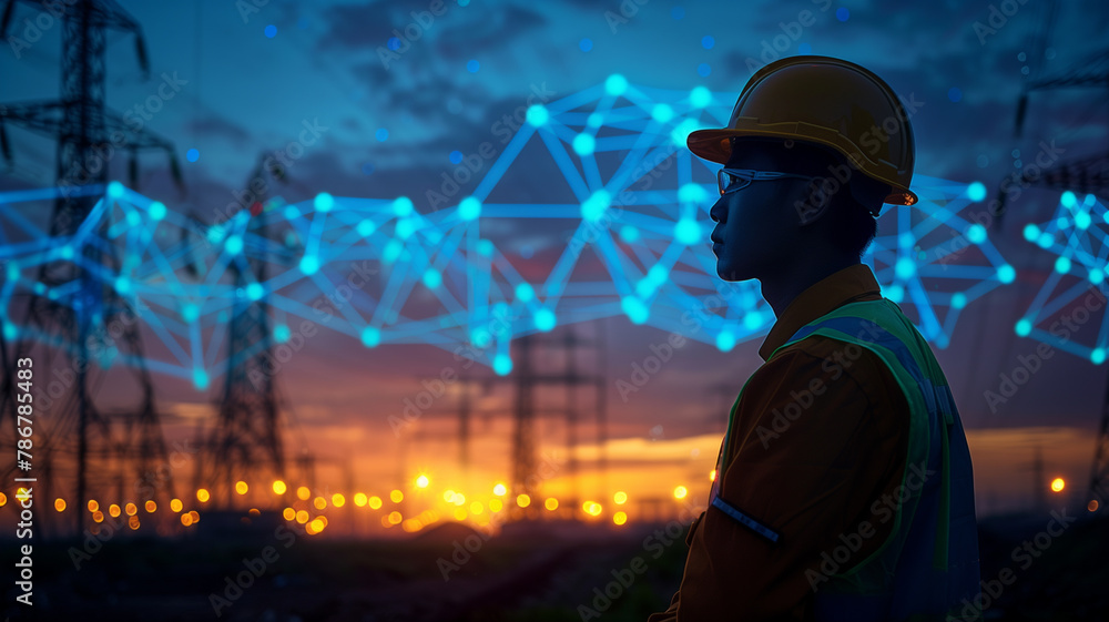 Fototapeta premium Engineer standing at high voltage transmission power station.