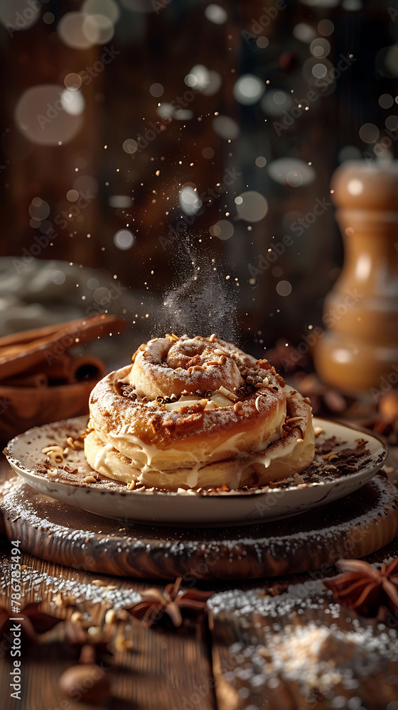 Beautiful presentation of Cinnamon roll, hyperrealistic food photography