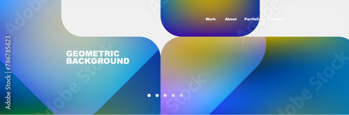 An electric blue geometric background featuring a pattern of circles and rectangles in a rainbow of colors, including azure and liquid shades