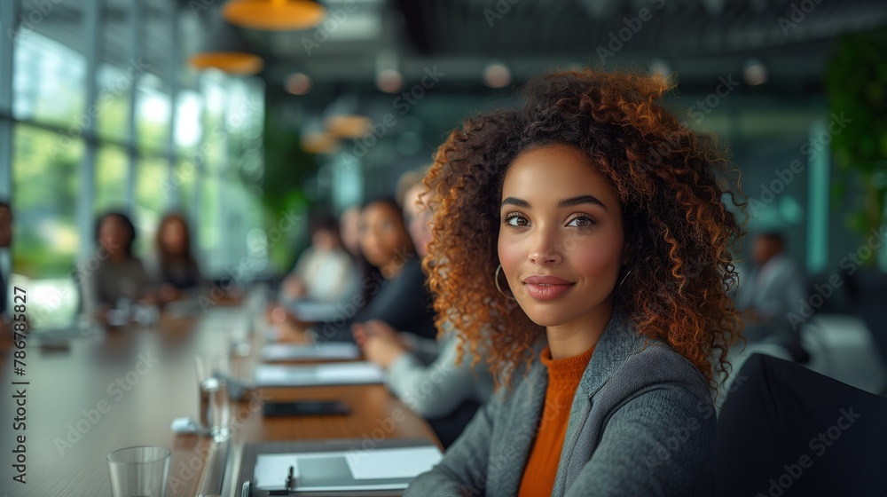 Portrait of African American Woman at Table with Colleagues During Work Meeting Portrait of African American Woman at Table with Colleagues During Work Meeting