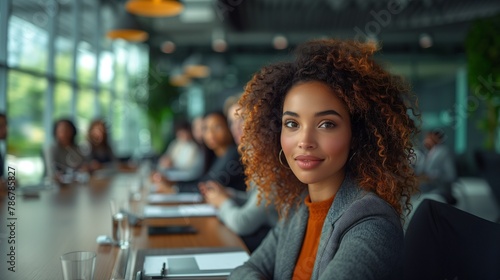 Portrait of African American Woman at Table with Colleagues During Work Meeting