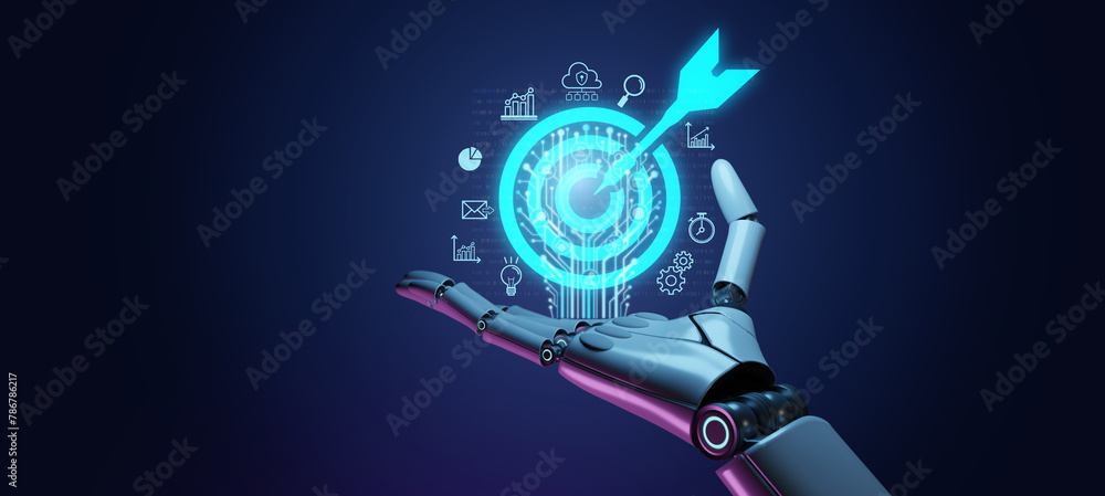 Ai humanoid make a success chance,strategy,planning and goals.Business goal and technology with artificial intelligence concepts.Smart robot hand pointing on a big target dart icon on blue background - obrazy, fototapety, plakaty 